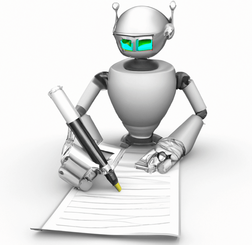 Ein Roboter sitzt an einem Tisch und schreibt auf einem Blatt Papier.
