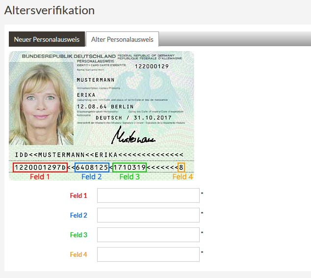 Altersverifikation für Onlineshops, Abbildung Personalausweis
